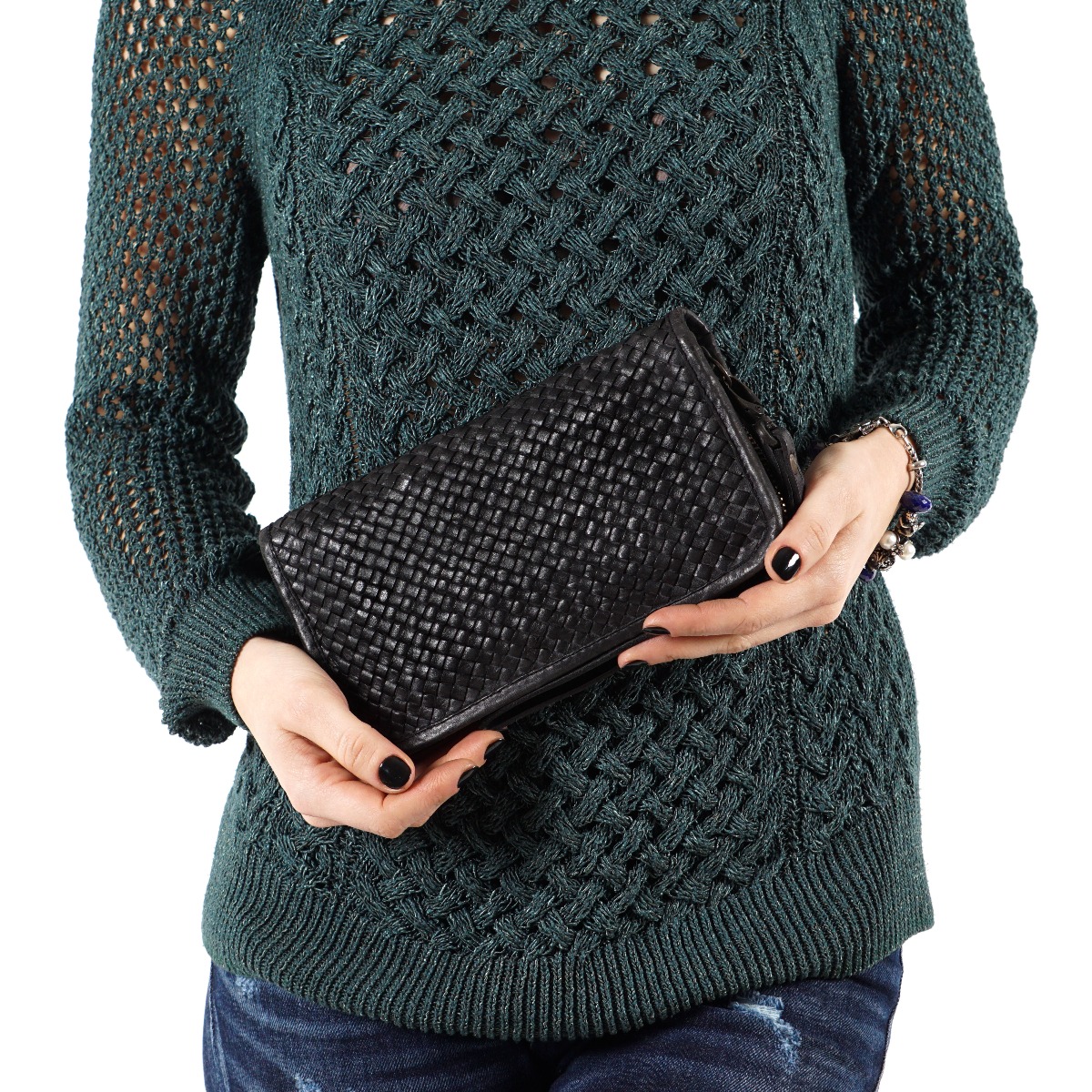 Black color woven leather womens wallet