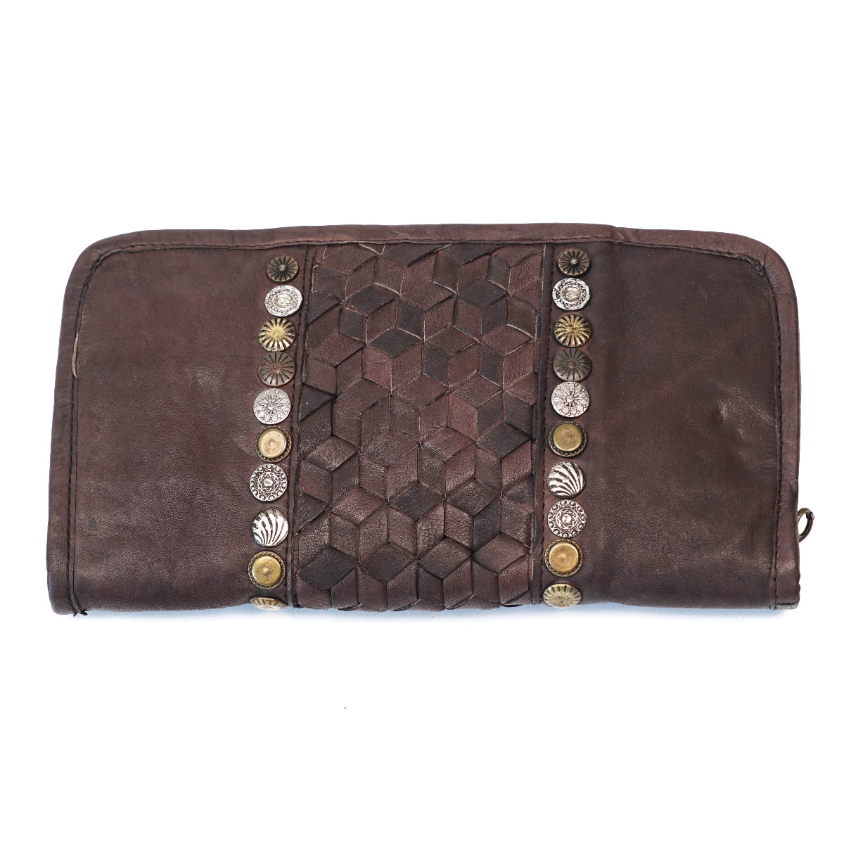 Handmade woven leather women's wallet with rivets