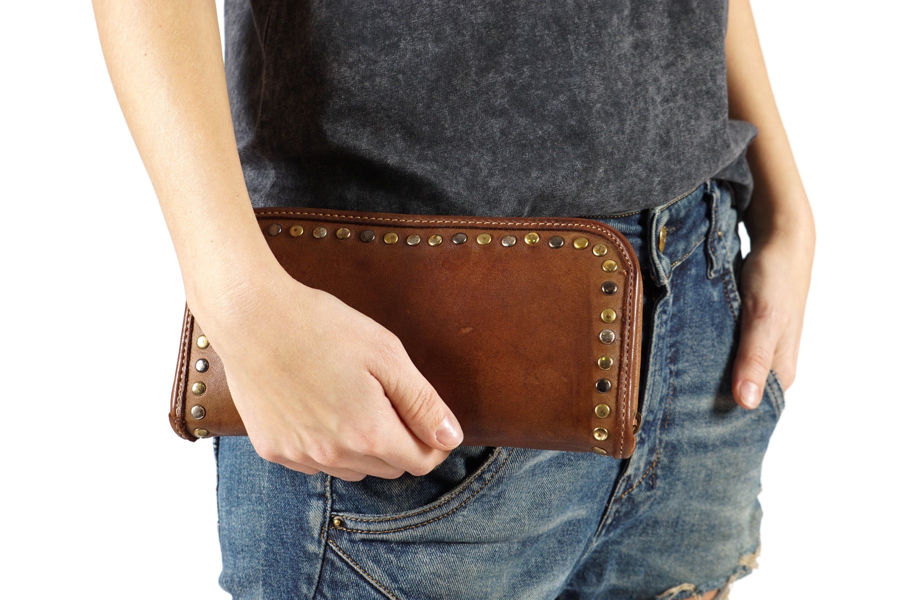 Brown leather wallet with studs