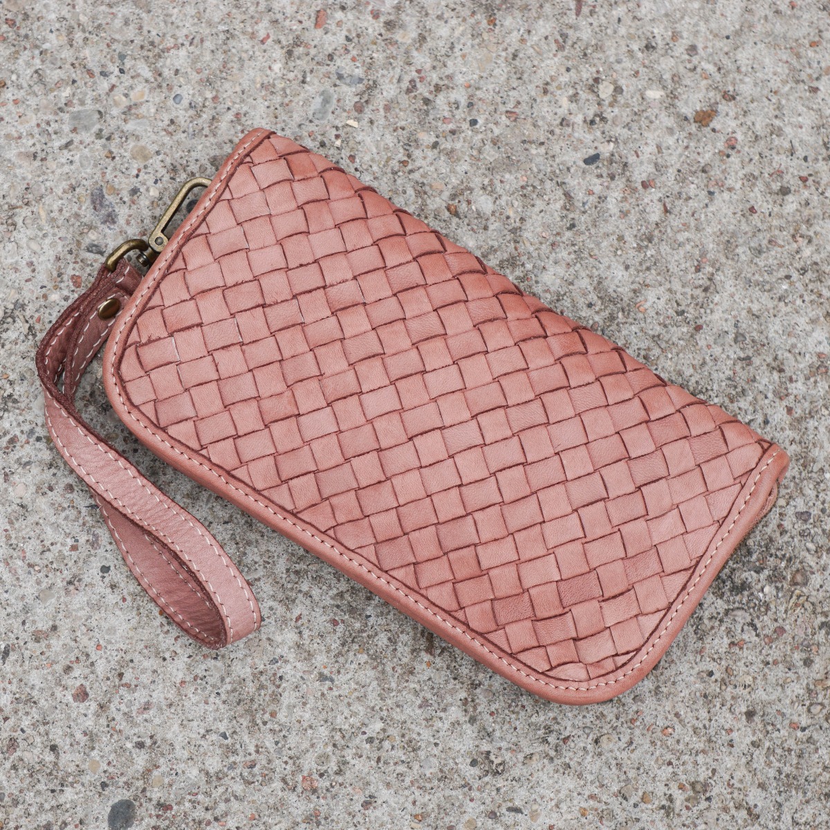 Pink washed leather woven wallet
