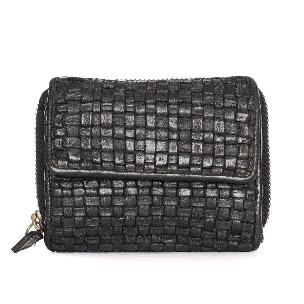 Black vintage woven leather women wallet