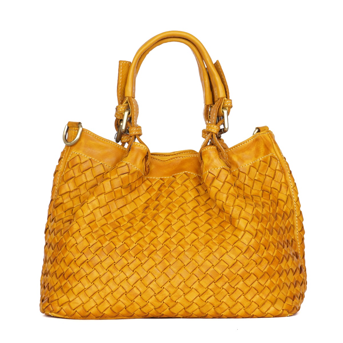 Woven leather hobo bag - yellow color