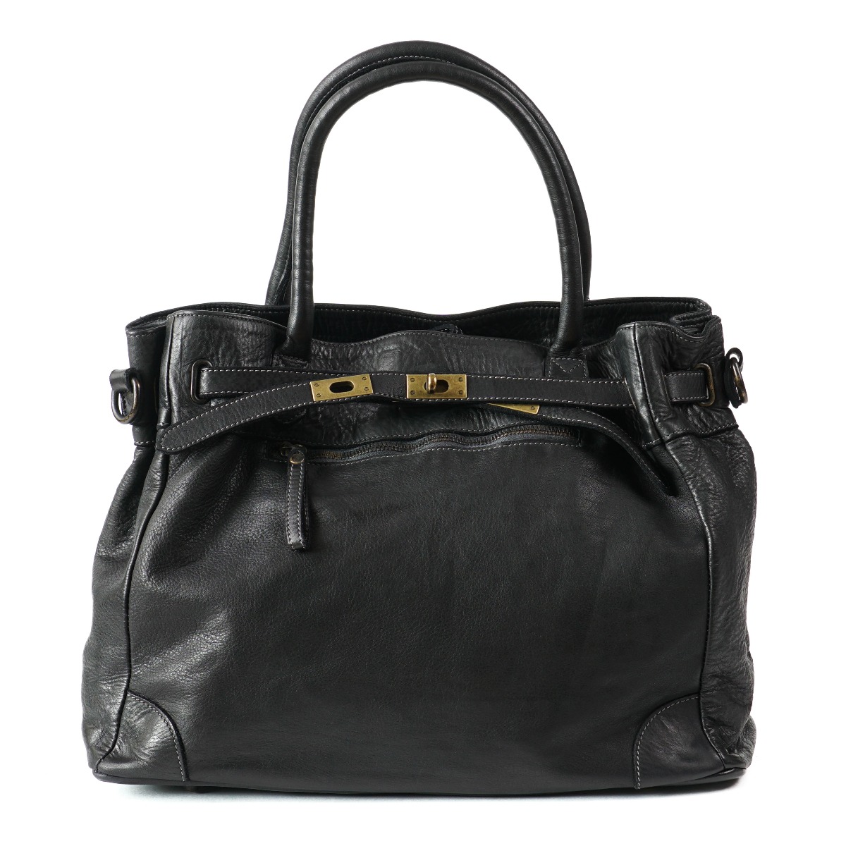 Washed leather women tote bag black color