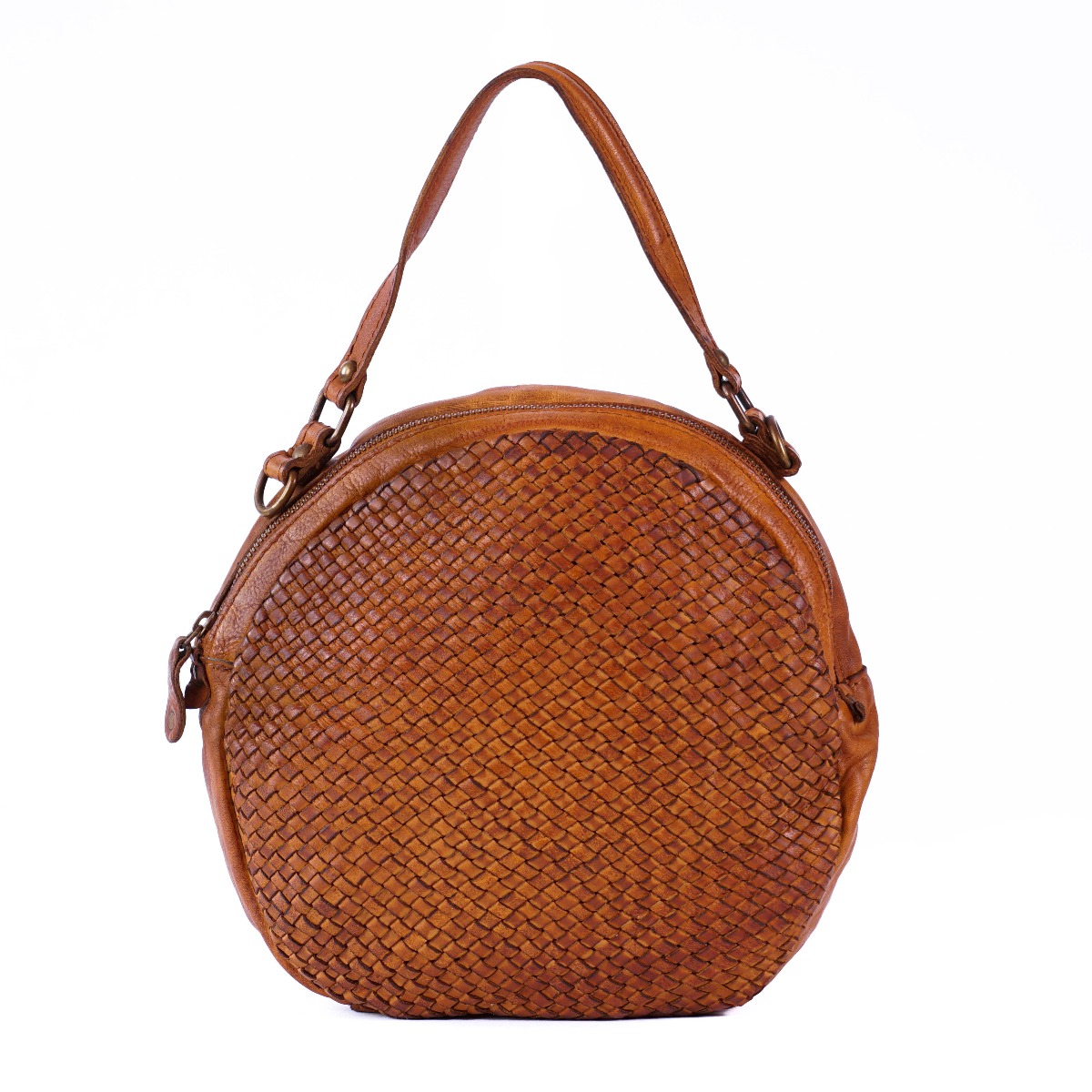 Round woven leather women handbag