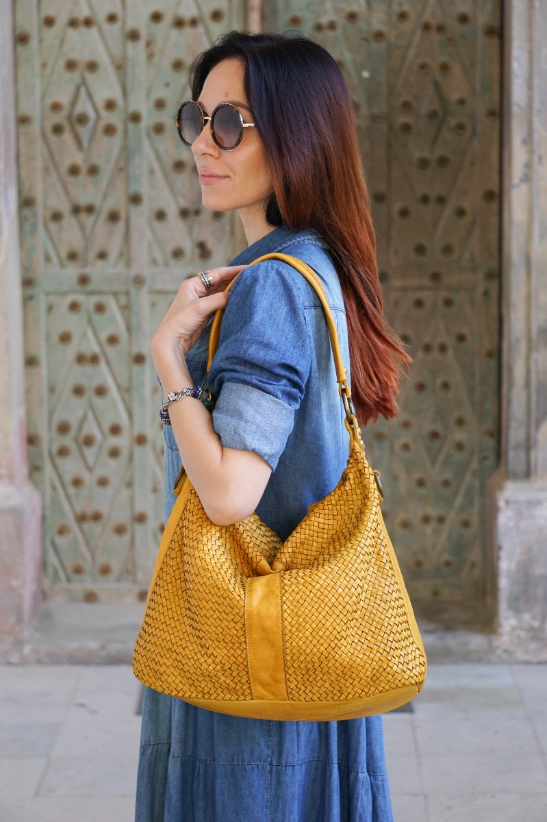 Yellow  woven leather hobo bag 