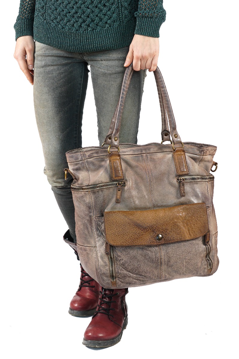 Washed leather tote bag with pocket - gray 
