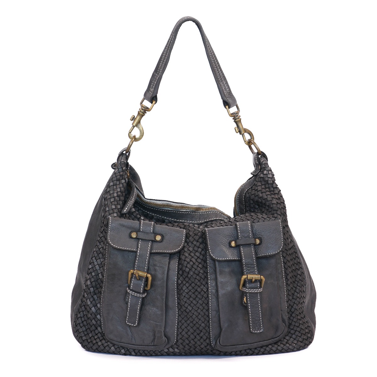 Woven leather hobo bag - dark gray