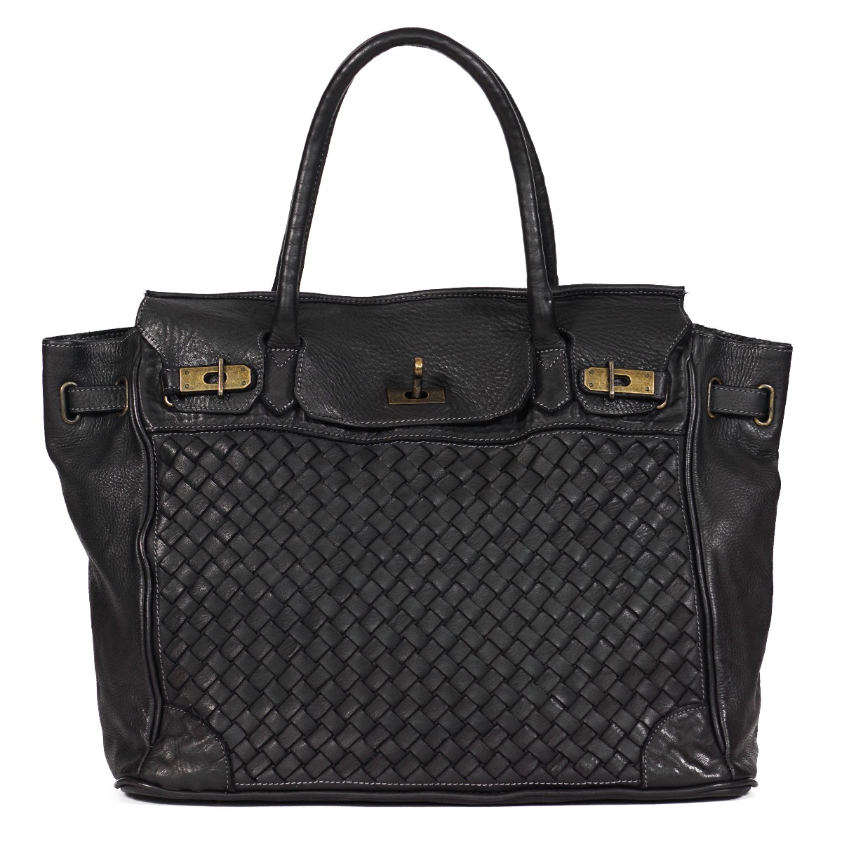 Woven leather tote bag - black