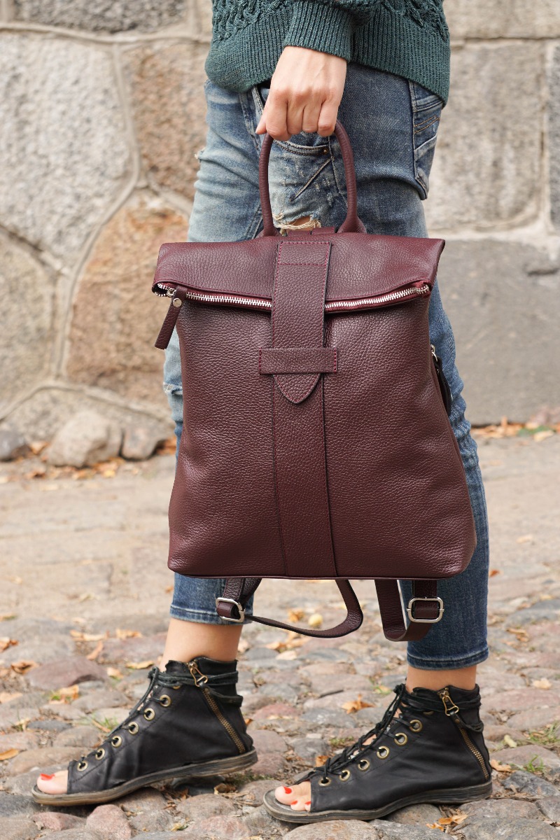 Burgundy women genuine leather medium size backpack