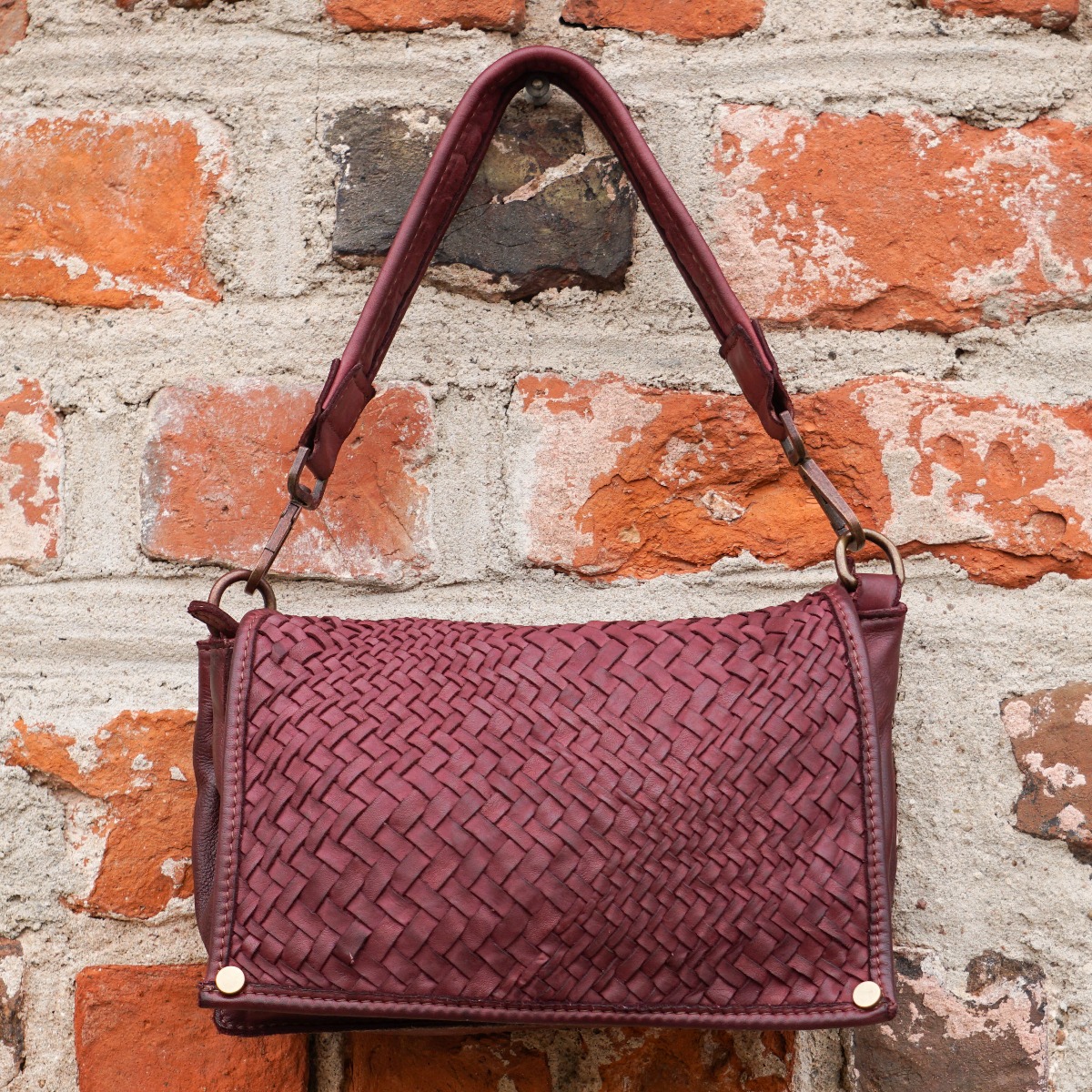 Burgundy vintage women woven leather purse