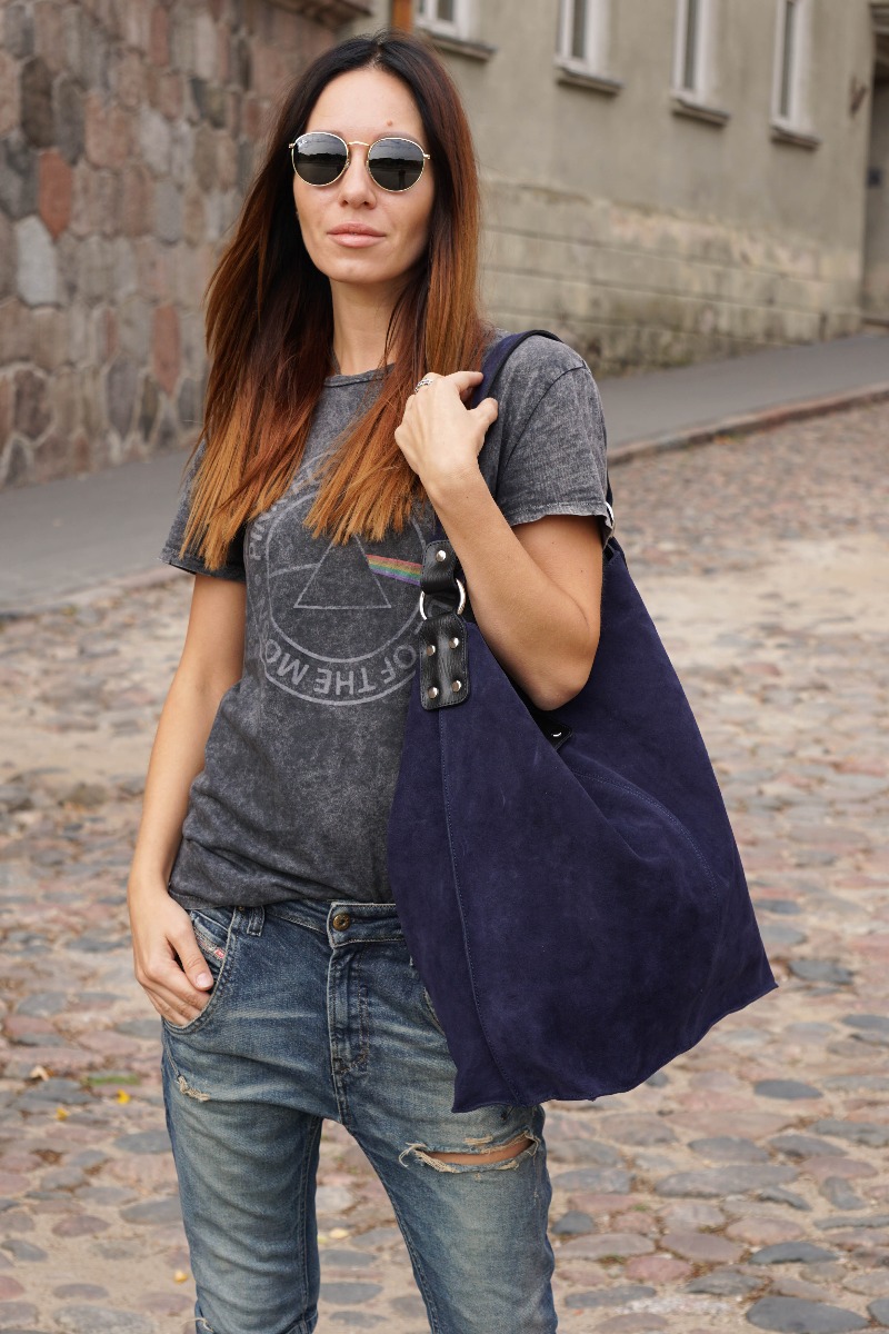 Women's dark blue LondonX suede hobo shoulder bag - C203