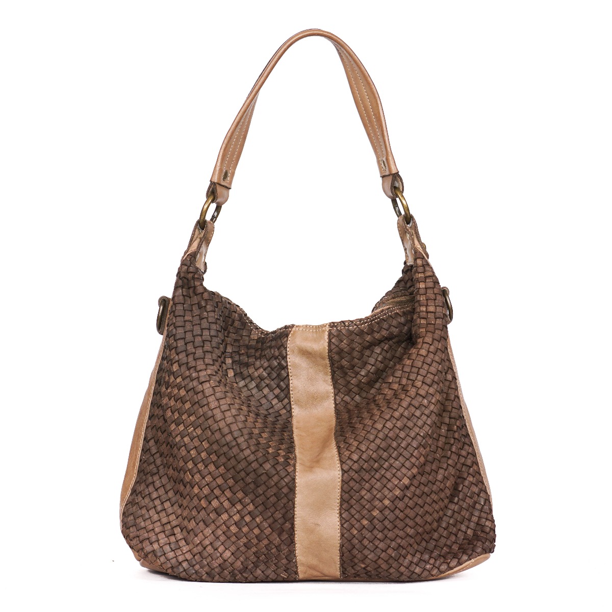 Cross body hobo woven leather bag in taupe color