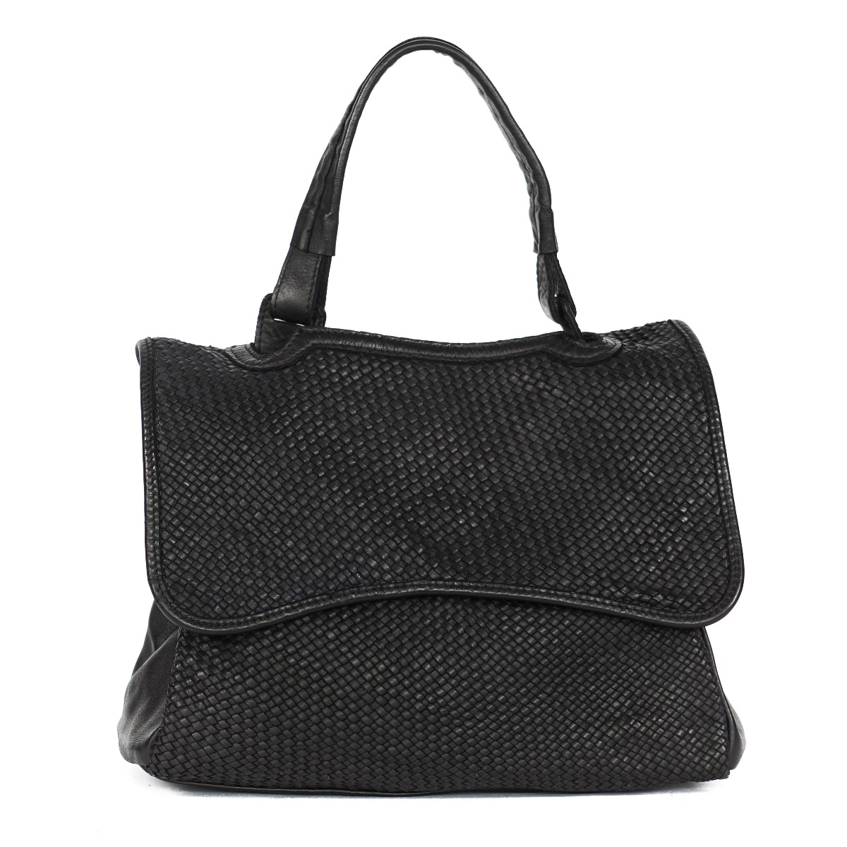 Medium size black woven leather top handle bag