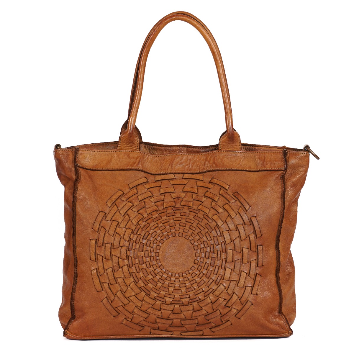 Woven leather women tote bag in cognac color