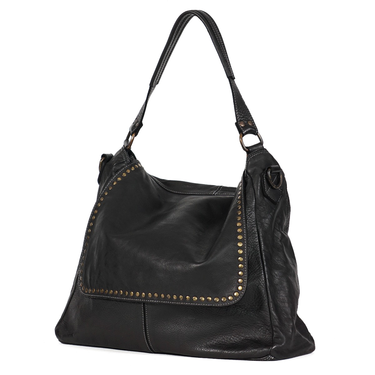Black washed leather women messenger bag with studs