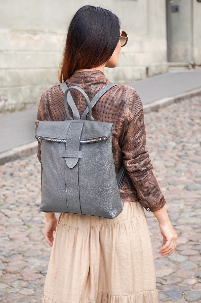 Women gray tote leather backpack
