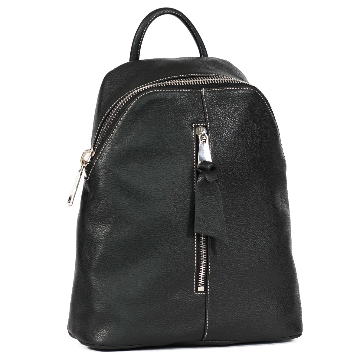 Black genuine leather women backpack with big zipper
