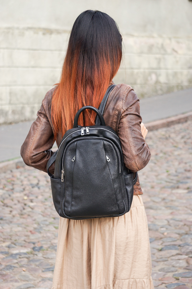 Black genuine leather women backpack 