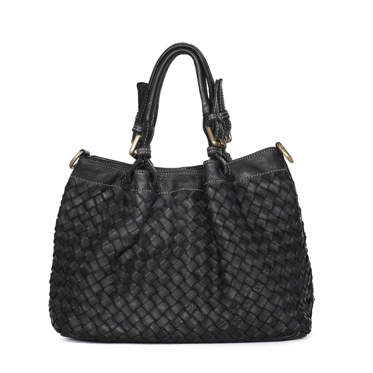 Black medium size woven leather handbag