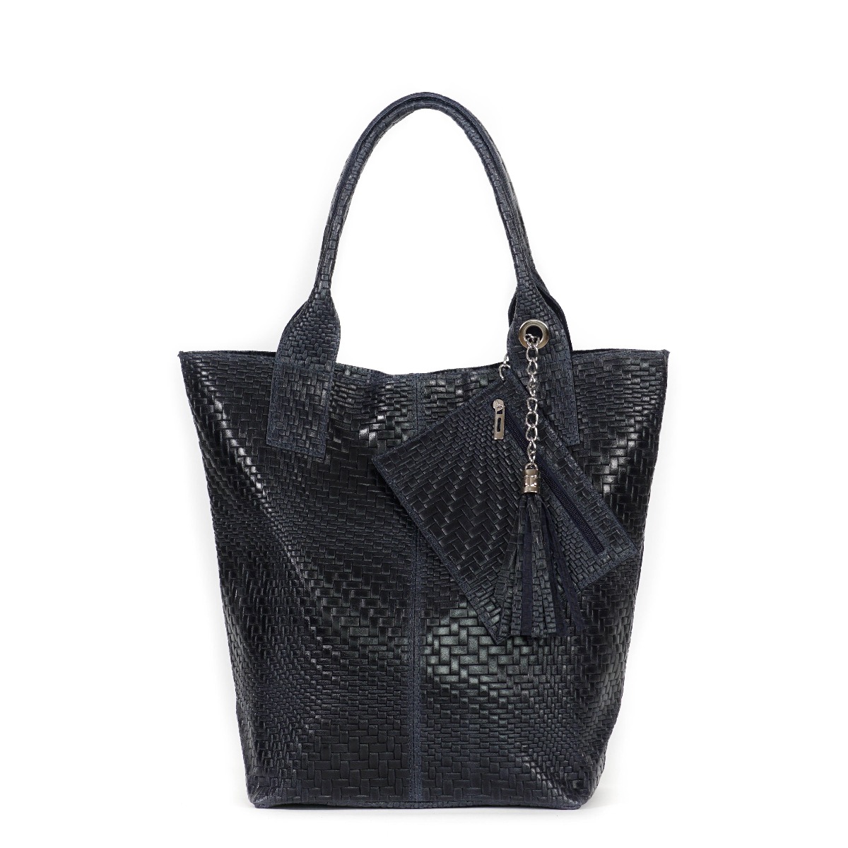 Dark blue women's genuine leather tote bag