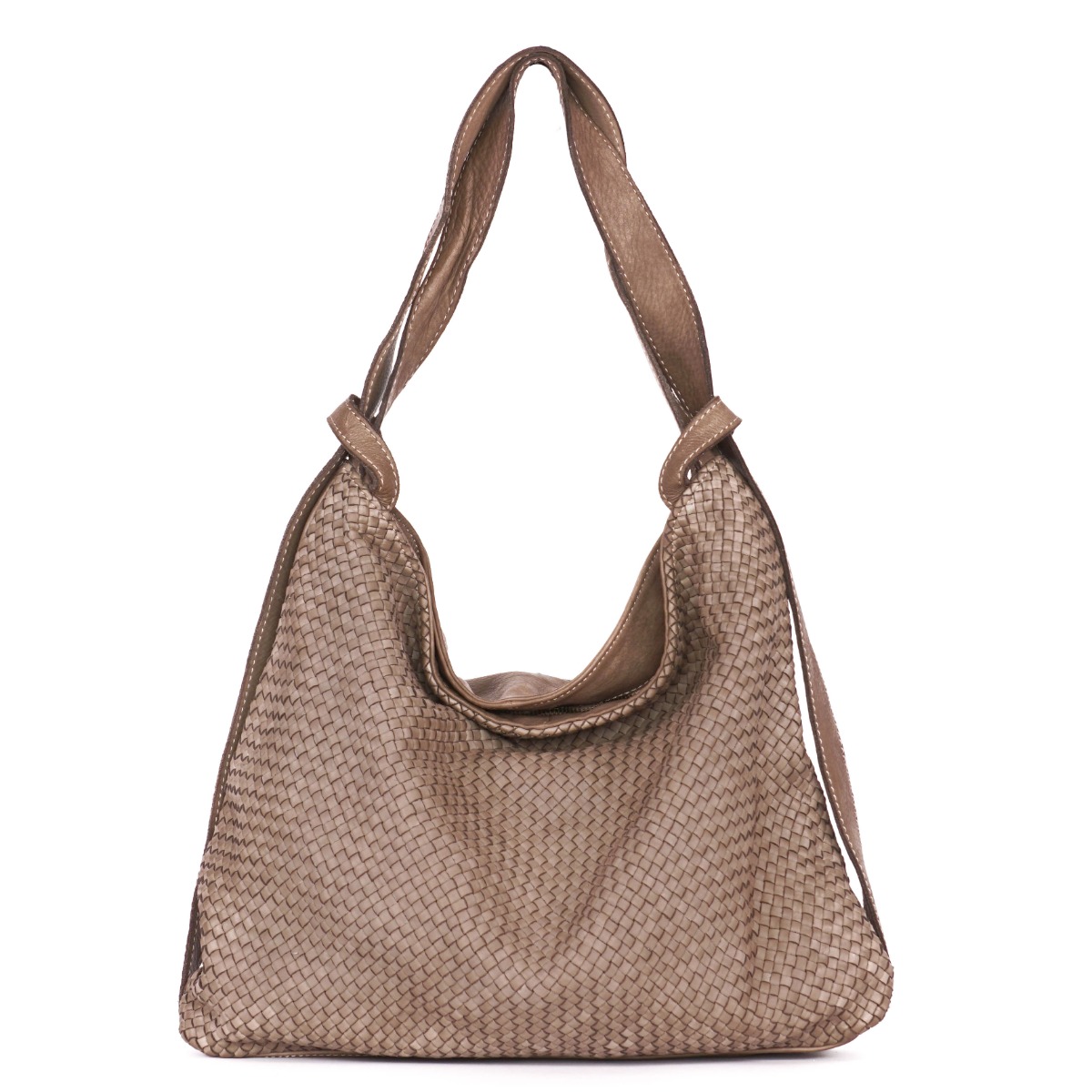 Taupe vintage woven leather convertible hobo bag